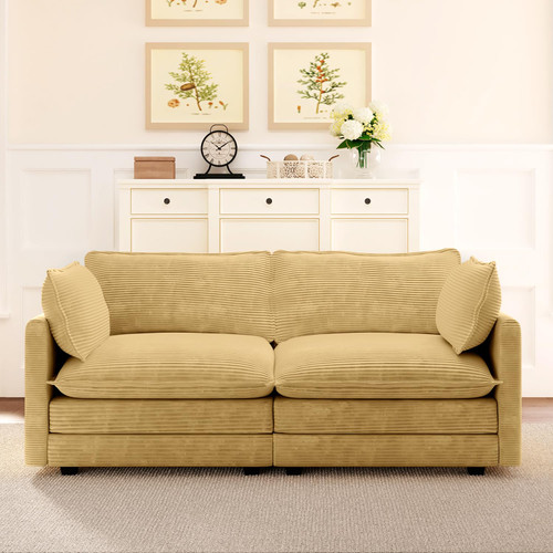 78'' Sectional 2 Seat Cloud Loveseat with 2 Throw Pillows, Modern Corduroy Love Seat, Convertible Cozy Sofa for Living Room, Bedroom and Office, Yellow
