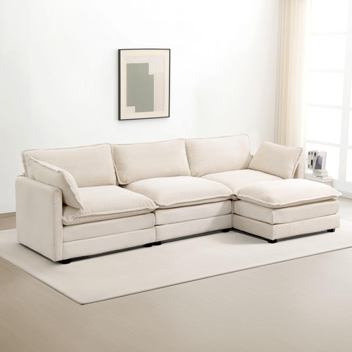 Oversized Modular Sectional Sofa with Movable Ottoman, 112 Inch 4 Seat Modern Corduroy Sofa Set, Convertible L Shaped Couch for Living Room and Office, Beige
