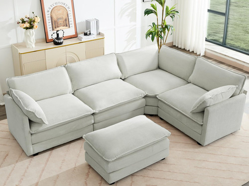 113'' Sectional Cloud Couch, 5 Seater Modular Corner L Shape Sofa Big Comfy Corduroy Oversized Couch with 2 Pillows Movable Ottoman, Deep Seat Sectional Couches for Living Room Office Light Grey