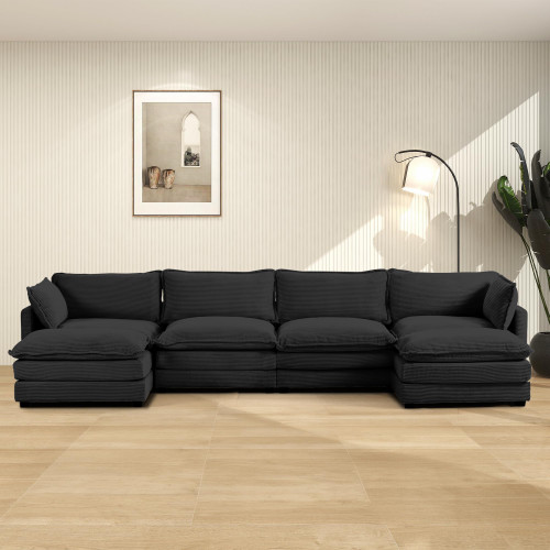 148'' Sectional Cloud Couch with 2 Ottomans, Oversized 4 Seat Sleeper Sofa with 2 Throw Pillows, Convertible Upholstered U Shaped Cozy Sofa Furniture Set for Living Room and Office, Black