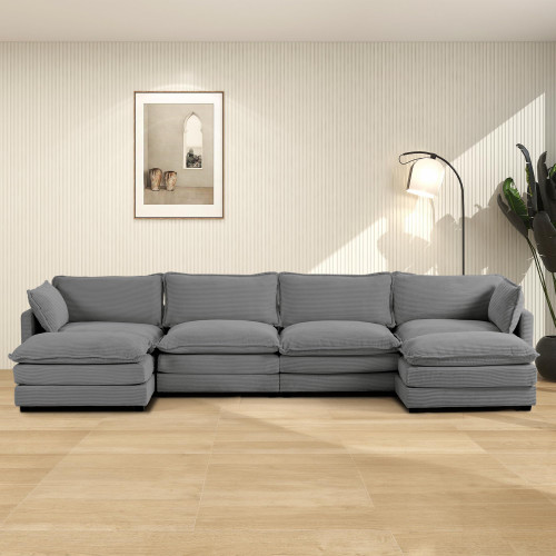 148'' Sectional Cloud Couch with 2 Ottomans, Oversized 4 Seat Sleeper Sofa with 2 Throw Pillows, Convertible Upholstered U Shaped Cozy Sofa Furniture Set for Living Room and Office, Dark Grey