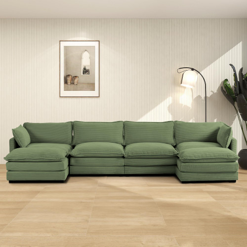 148'' Sectional Cloud Couch with 2 Ottomans, Oversized 4 Seat Sleeper Sofa with 2 Throw Pillows, Convertible Upholstered U Shaped Cozy Sofa Furniture Set for Living Room and Office, Green