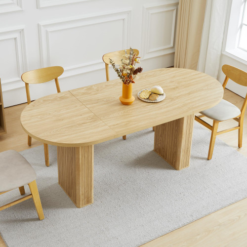 70.8 Inch Dining Table for 4-6 People, Oval Kitchen Table with Wood Strip Base, Modern Farmhouse Large Round Dining Room Tables for Living Room (Natural)