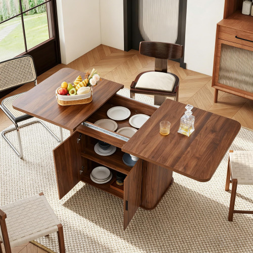 55"-71" Extendable Dining Table with Storage, Expandable Kitchen Table for 4-6, Space Saving Dining Room Table with Hidden Storage Cabinet, Adjustable Shelves & Fluted Base (Walnut)