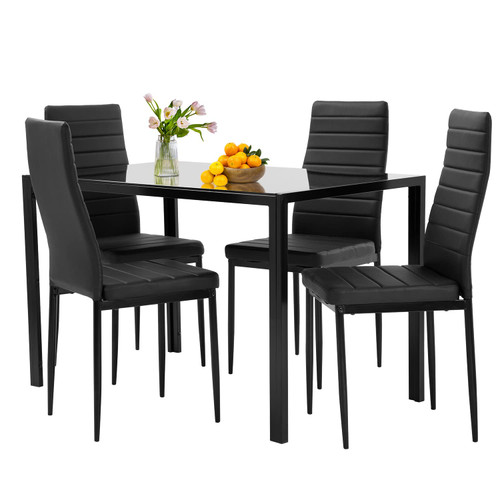 5-Piece Dining Table Set | Black | Glass Kitchen Table with 4 Upholstered Chairs and Faux Leather Cushions | Space-Saving and Modern Design | for Dining Room, Easy to Assemble