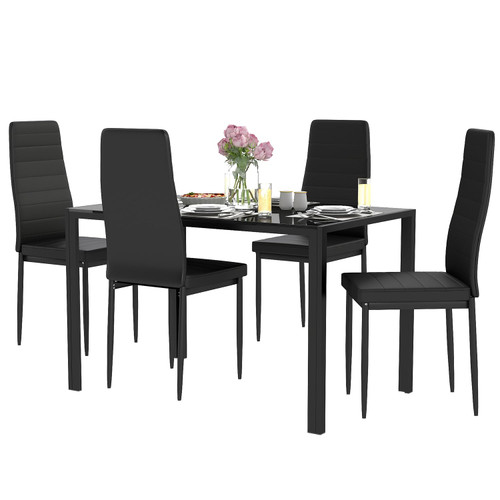 Dining Table Set for 4 | 5-Piece Glass Black Dining Table | Kitchen Table with 4 Upholstered Chairs and Faux Leather Cushions | Space-Saving and Modern Design | for Dining Room, Easy to Assemble