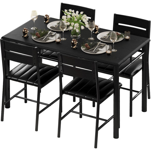 Dining Table Set for 4, Wood Kitchen Table with Upholstered Chairs for Kitchen & Dining Room, Compact Dining Set for Small Spaces, Black
