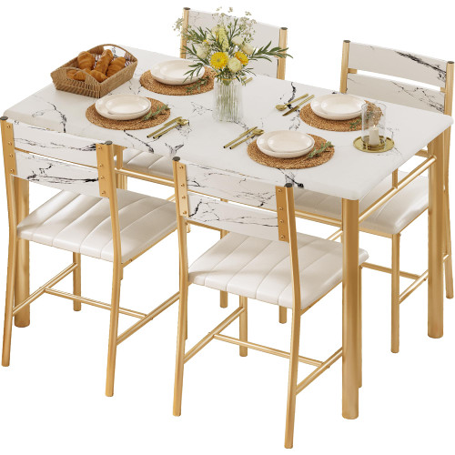 Dining Table Set for 4, Wood Kitchen Table with Upholstered Chairs for Kitchen & Dining Room, Compact Dining Set for Small Spaces, White & Gold
