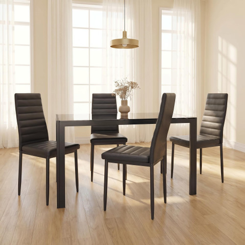 5 Piece Glass Dining Table Set, Kitchen and Chairs for 4, PU Leather Modern Room Sets for Home, Kitchen, Living Room