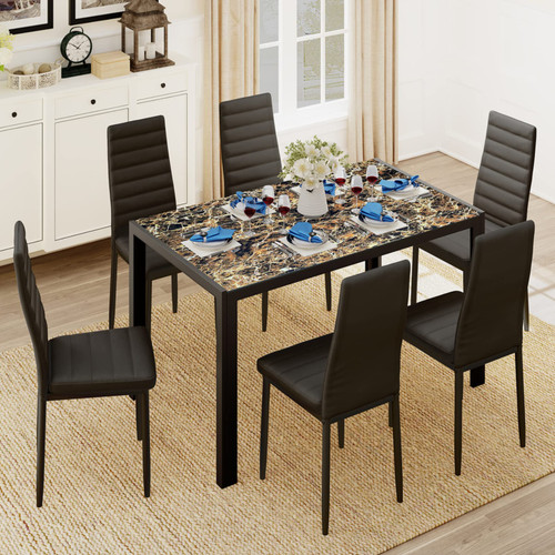 Glass Dining Table Sets for 6, 7 Piece Kitchen Table and Chairs Set for 6 Person, PU Leather Modern Dining Room Sets for Home, Kitchen, Living Room