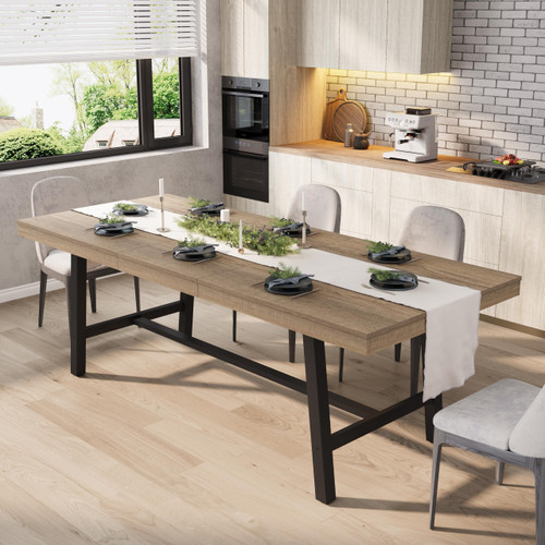 63-83" Extendable Dining Table, Industrial Rectangular Dining Room Table for 6-8 People, Expandable Kitchen Table with Heavy Duty Metal Frame for Dining Room, Kitchen & Parties, Rustic Pear