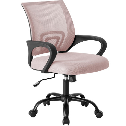 Office Chair - Ergonomic Mid Back with Lumbar Support & Rocking Mode, Height Adjustable with Fixed Armrest, Storage Back for Computer, Gaming, Conference, Meeting Room, 360° Swivel, Pink
