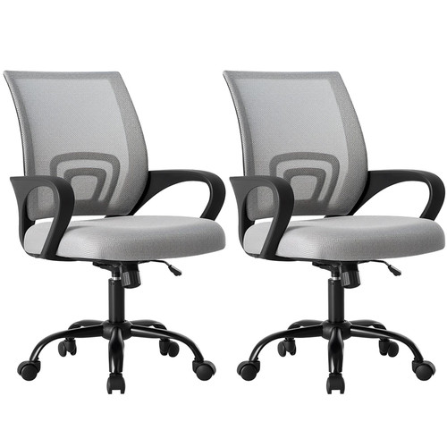Office Chair - Ergonomic Mid Back with Lumbar Support & Rocking Mode, Height Adjustable with Fixed Armrest, for Home, Computer, Gaming, Conference, Meeting Room, 360° Swivel, Grey, 2 Pack