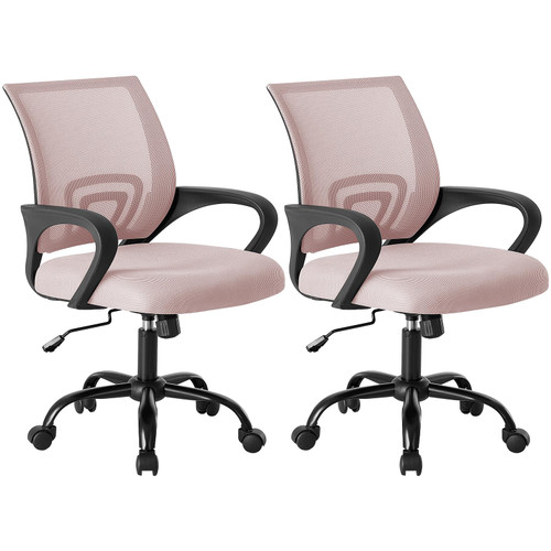 Office Chair - Ergonomic Mid Back with Lumbar Support & Rocking Mode, Height Adjustable with Fixed Armrest, for Home, Computer, Gaming, Conference, Meeting Room, 360° Swivel, Pink, 2 Pack