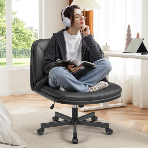 Criss Cross Chair with Wheels, Cross Legged Office Chair, Armless Wide Vanity Desk Chair with Comfty PU Leather & Back - Swivel Height Ajustable for Home Office Bedroom, Black