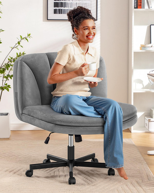Criss Cross Chair with Wheels, Cross Legged Office Chair, Armless Wide Vanity Desk Chair with 2 Layer Comfty Velvet & Back - Swivel for Home Office Bedroom, Velvet Gray