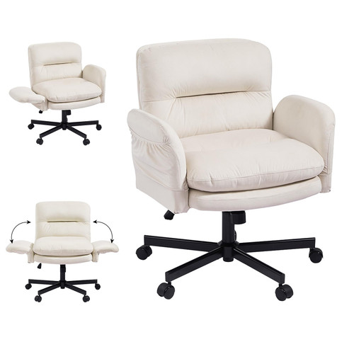 Criss Cross Chair with Flip-Up Armrests, Swivel Makeup Vanity Chair with Wheels & Side Pockets, Cross Legged Office Chair for Home Office, Bedroom, Beige Velvet