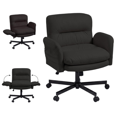 Criss Cross Office Chair with Flip-Up Armrests, Swivel Makeup Vanity Chair with Wheels & Side Pockets, Cross Legged Office Chair for Home Office, Bedroom, Black PU Leather