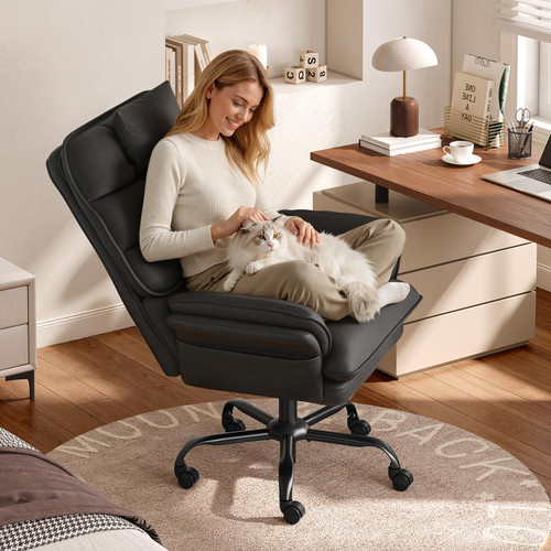 Cross Legged Criss Cross Chair with Adjustable Arms 135° Reclining PU Leather Executive Chair with Wheels Big and Tall Computer Desk Chair for Home Office Black