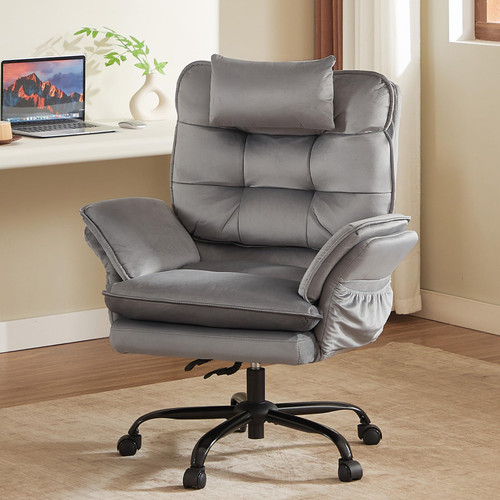 Criss Cross Chair with Flip-Up Armrests and Headrest, 135° Reclining Swivel Executive Chair with Side Pockets, Big and Tall Computer Desk Chair for Home Office Bedroom, Grey Velvet