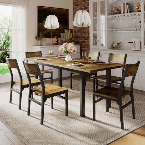 7-Piece Dining Table & Chairs Set for 4-6, 63" Extendable Kitchen Table with 6 Chairs, Dining Room Table with MDF Board & Metal Frame, Perfect for Small Space,Easy Assembly, Rustic Brown