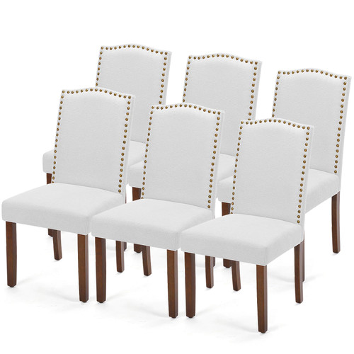 Upholstered Dining Chairs Set of 6, Farmhouse Fabric Dining Room Kitchen Chair with Nailhead Trim and Wood Legs, Modern High Back Side Chairs for Living Room, Light Grey