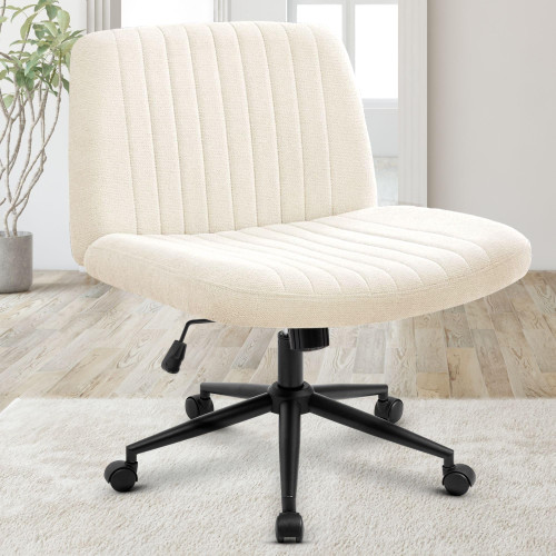 Criss Cross Chair Wheels Wide Cross Legged Office Desk Vanity Dual Base Comfy Fabric Armless Adjustable Swivel for Home Computer Task (Beige Dual Base, Fabric)