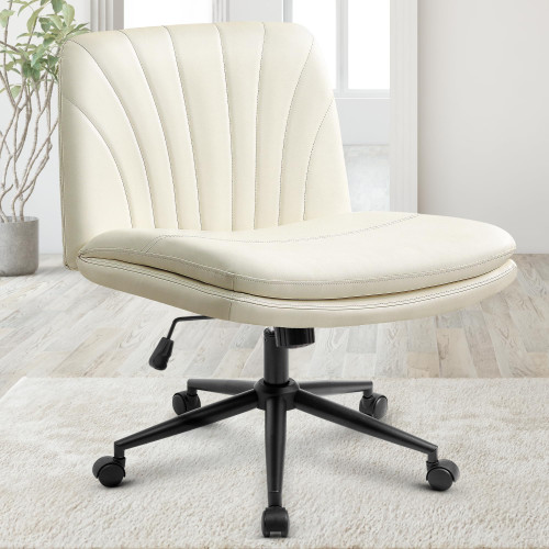 Criss Cross Chair with Wheels Comfy Wide Vanity Desk Chair Dual Base Leather Armless Adjustable Swivel for Home Computer Task (Beige Pu, Faux Leather)