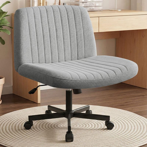 Criss Cross Chair Wheels Wide Cross Legged Office Desk Vanity Chair Comfy Fabric Armless Adjustable Swivel for Home Computer Task (Grey Wheel, Fabric)