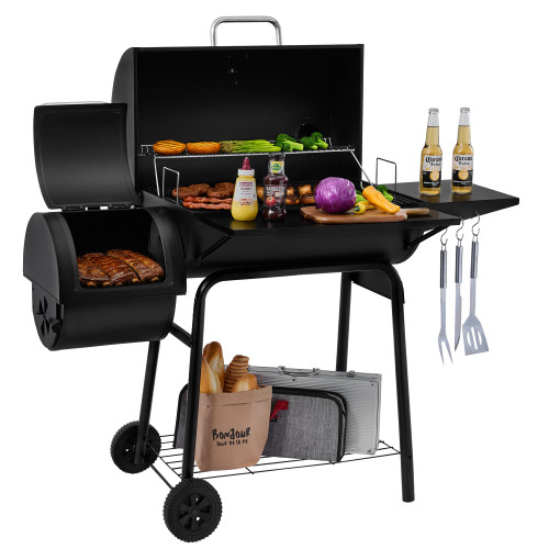BBQ Charcoal Grill and Offset Smoker | 823 Square Inch cooking surface, Outdoor for Camping | Black