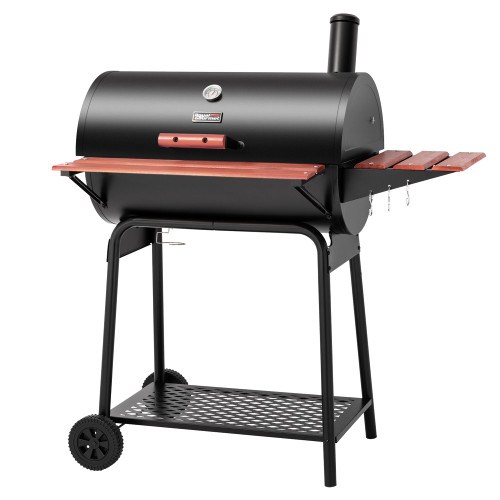 30 Barrel Charcoal Grill with Wood-Painted Side Front Table, 627 Square Inches Cooking Space, for Outdoor Backyard, Patio and Parties, Black