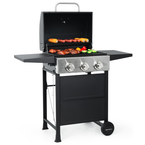 3 Burner BBQ Propane Gas Grill, 472 Sq. In. Cooking Area, 30,000 BTU Stainless Steel Barbecue Grill with Two Foldable Shelves for Outdoor Patio, Backyard