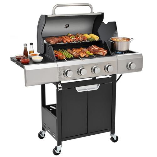 Upgraded 51,000 BTU Stainless Steel Burner Barbecue Grill, 4 Burner BBQ Propane Gas Grill with Side Burner, 452 sq. in Cooking Area with Porcelain for Patio, Camping, Outdoor Cooking