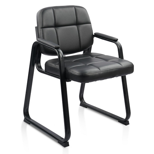 Waiting Room Guest Chair with Bonded Leather Padded Arm Rest for Office Reception and Conference Desk Black with Sled Base