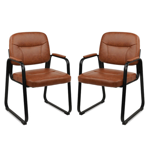 Waiting Room Guest Chair with Bonded Leather Padded Arm Rest for Office Reception and Conference Desk Black with Sled Base Brown 2 Pack