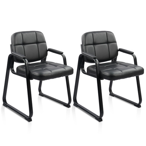 Waiting Room Guest Chair with Bonded Leather Padded Arm Rest for Office Reception and Conference Desk Black with Sled Base 2 Pack