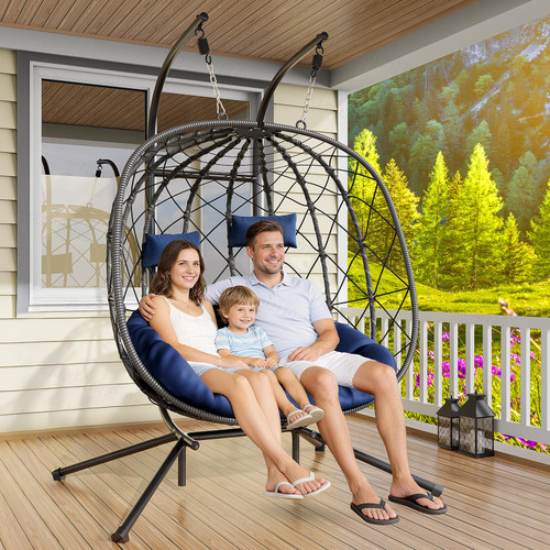 Double Egg Swing Chair with Stand - 2 Person Outdoor Patio Hanging Wicker Hammock Chair with Cushion, Dark Grey, for Garden, Lawn, Bedroom, Indoor/Outdoor Use