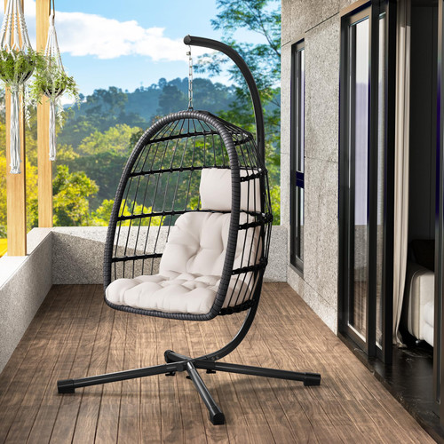 Egg Chair with Stand,Patio Rattan Wicker Hanging Swing Egg Chair Hammock Chair for Bedroom Porch Garden,Thickened Aluminum Alloy Steel Frame and UV Resistant Cushion,350LBS Capacity