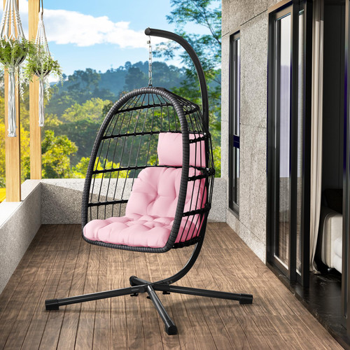 Egg Chair with Stand,Patio Rattan Wicker Hanging Swing Egg Chair Hammock Chair for Bedroom Porch Garden,Thickened Aluminum Alloy Steel Frame and UV Resistant Cushion,350LBS Capacity