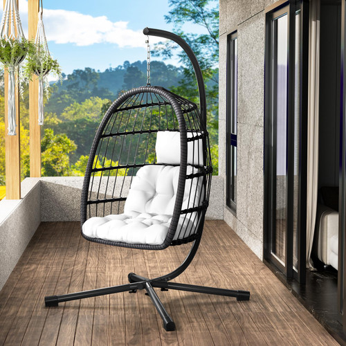 Egg Chair with Stand,Patio Rattan Wicker Hanging Swing Egg Chair Hammock Chair for Bedroom Porch Garden,Thickened Aluminum Alloy Steel Frame and UV Resistant Cushion,350LBS Capacity
