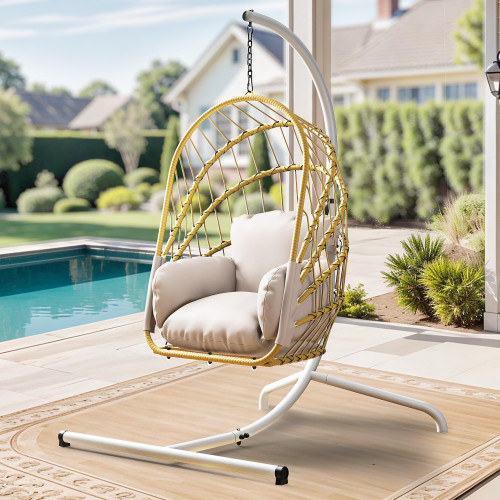 Hanging Egg Chair with Stand, Rattan Wicker Swing Egg Chair with Cushion, 370lbs Capacity, Foldable Hanging Basket Chair for Porch, Garden, Bedroom, Balcony - Beige