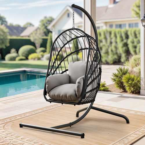 Hanging Egg Chair with Stand, Rattan Wicker Swing Egg Chair with Resistant Cushion, 370lbs Capacity, Foldable Hanging Basket Chair for Porch, Garden, Bedroom, Balcony - Grey