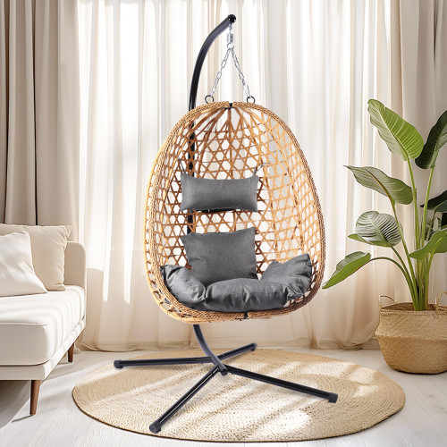 Egg Chair with Stand, Patio Wicker Hanging Chair, Hammock Swing Chair, 350LBS Capacity for Bedroom, Balcony, Garden (YE-GR)