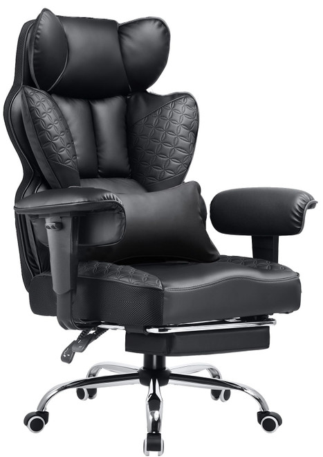 Big and Tall Office Chair Heavy Duty Wide Ergonomic Gaming Chair with Deluxe Embossing Designed Leather with Foot Rest,150°Reclining Adjustable Armrests Pocket Spring Back Support and Pillow