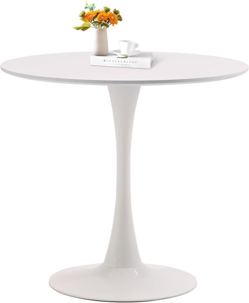 White Round Dining Table, 31.5" Circle Tulip Table Kitchen Round Dining Table for 2-4 People with Thickened Top and Metal Pedestal, Mid Century Leisure Table for Home, Dining Room, Cafe