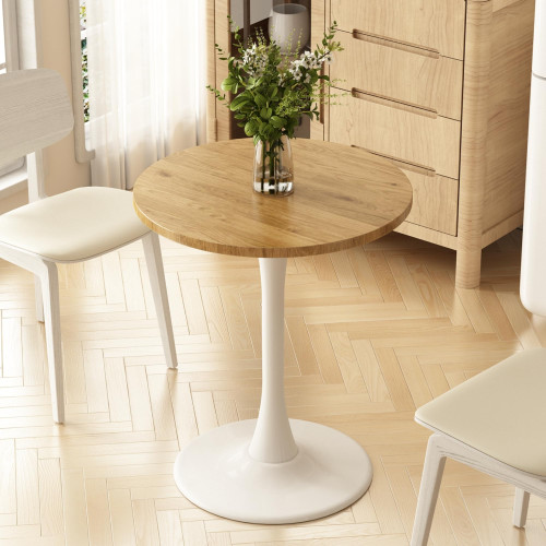 Round Dining Table 24" Circle Tulip Table with Wood Thickened Tabletop & Sturdy Metal Pedestal Mid Century Modern Leisure Bistro Kitchen Tables 2 People Small Places Living Room Cafe,Oak