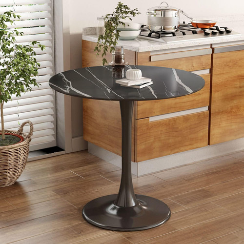24" Tulip Table for 1-2 Persons Modern Round Dining Table, Mid-Century Modern Black Marble Small Kitchen Table with MDF Wooden Top, Leisure Coffee Table for Living Room, Dining Room, Office