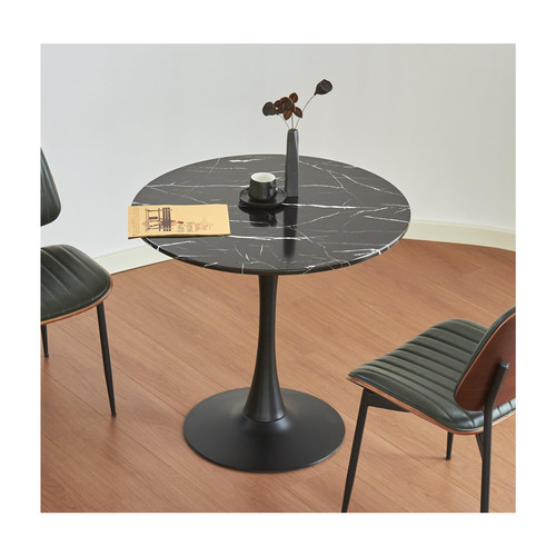 Round Dining Table, 31.5" Circle Tulip Table with Thickened Tabletop & Metal Pedestal, Mid Century Modern Bistro Table for Kitchen, Small Places, Living Room, Cafe (Marble Pattern Black)