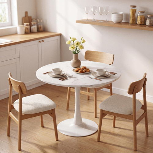 27.6" Marble Round Tulip Table, Mid-Century Modern Style Dining Table with White Pedestal Base for 2-4 People, Featuring A Marble Tabletop for Kitchen, Dining Room, Cafe (White)