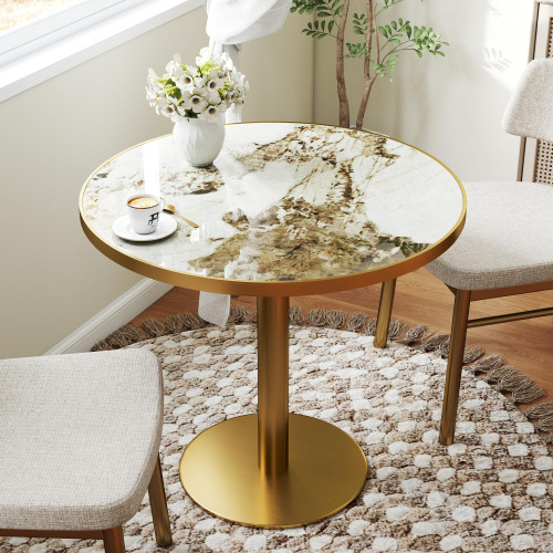 31.5" Tulip Table,Round Kitchen Dining Table for 2-4 with Thick Sintered Stone Top,Titanium Golden Pedestal Base,Heat-Resistant,Bistro Table for Dining Room,Café,Small Space（Cloud Amber）